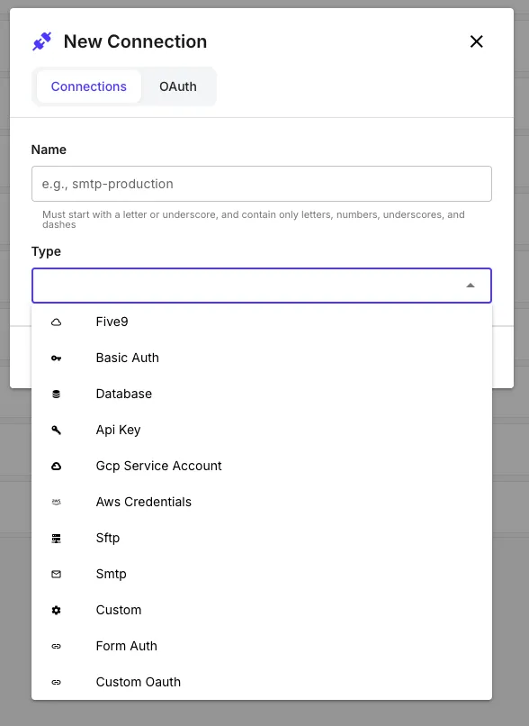 New connection dialog showing available connection types