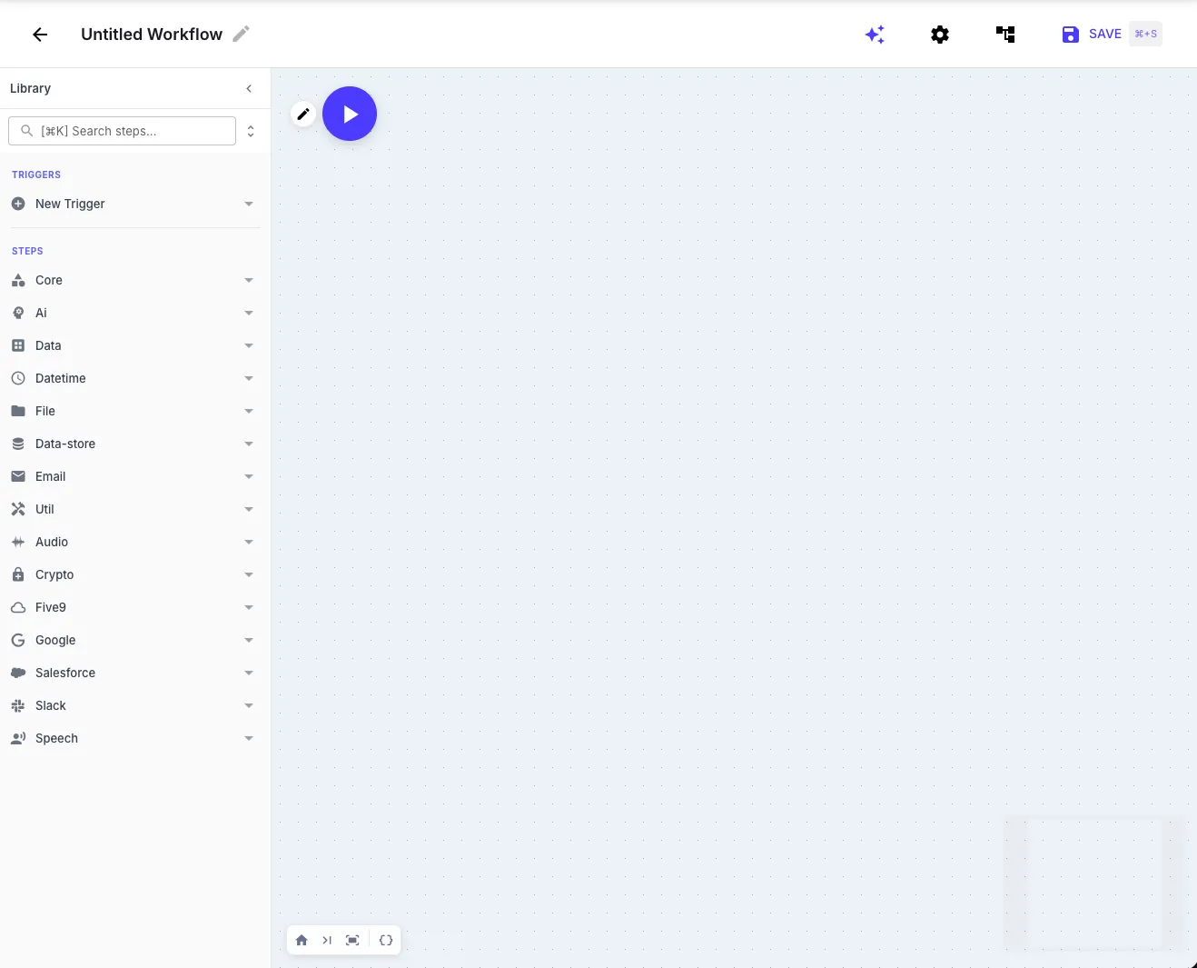 Workflow builder showing an empty canvas and the step library panel