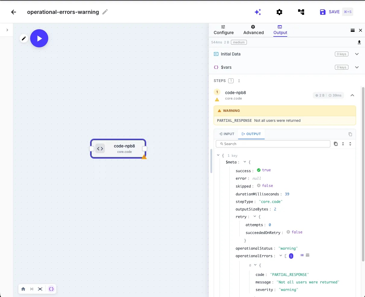 A Code step completed with a warning — the PARTIAL_DISCOVER warning is shown with the step output still inspectable. The workflow continued automatically.