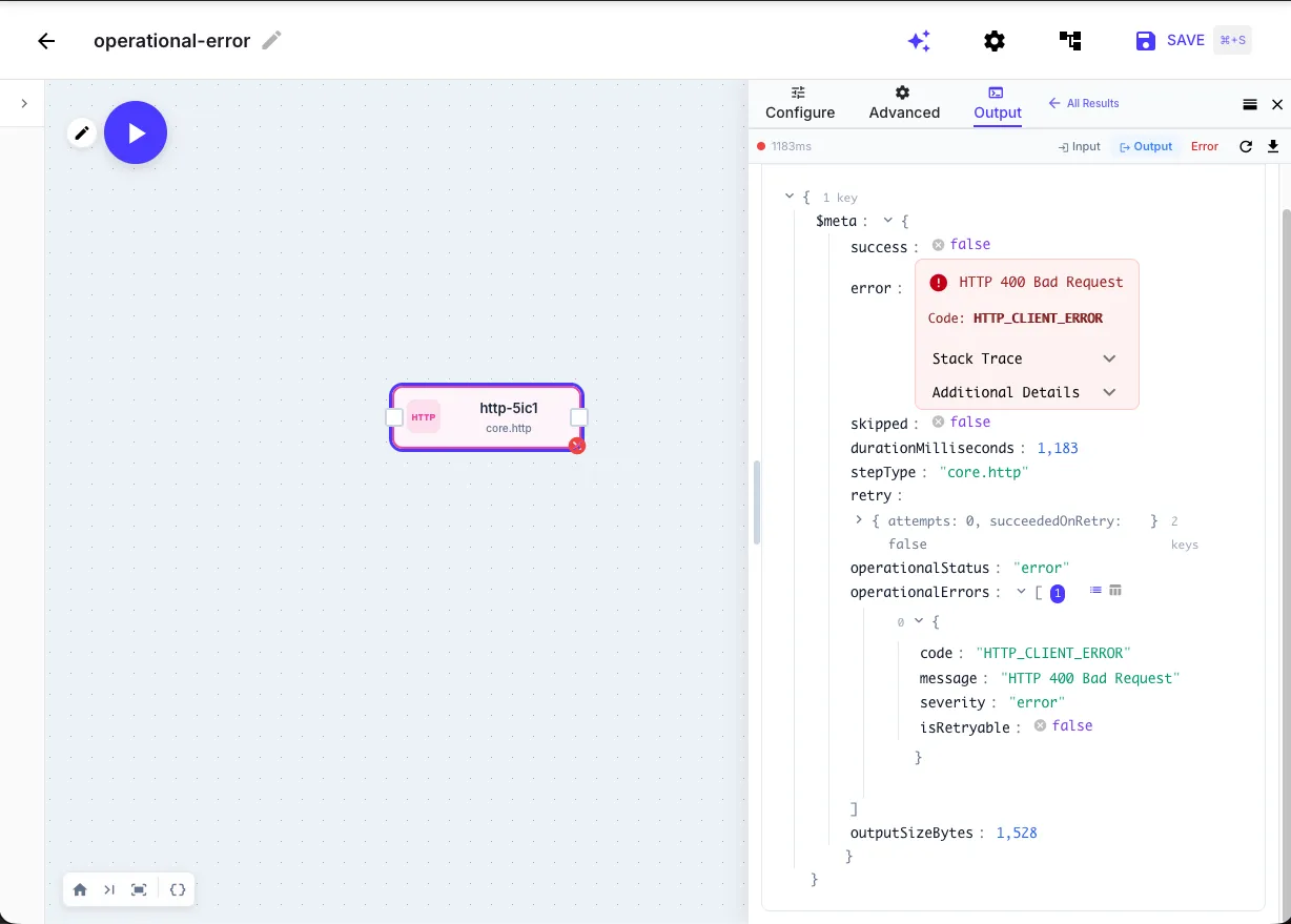 An operational error — the HTTP step returned a 400 Bad Request. The error code HTTP_CLIENT_ERROR is shown alongside the full response output (status, body, headers) which is still inspectable.