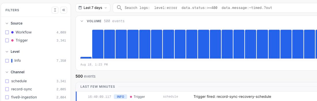 Platform Logs filters, search field, volume chart, and the start of the event stream
