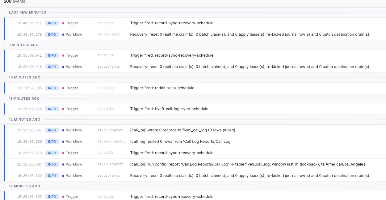 A focused view of the Platform Logs event stream with timestamps, levels, sources, channels, and messages