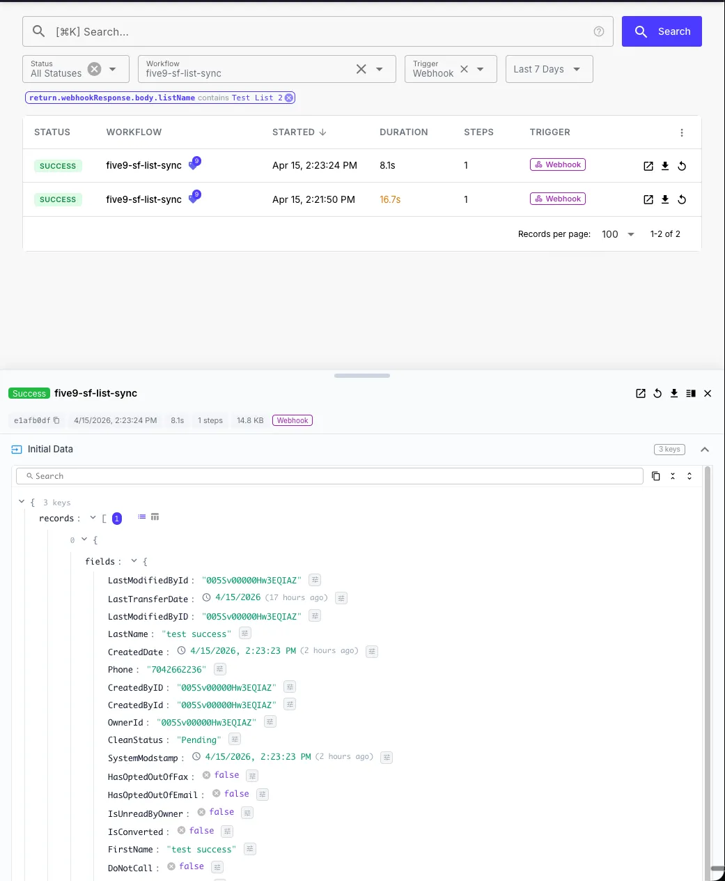 QuickFlo Executions view for the Record Sync workflow showing recent runs with per-step status, timing, and error details