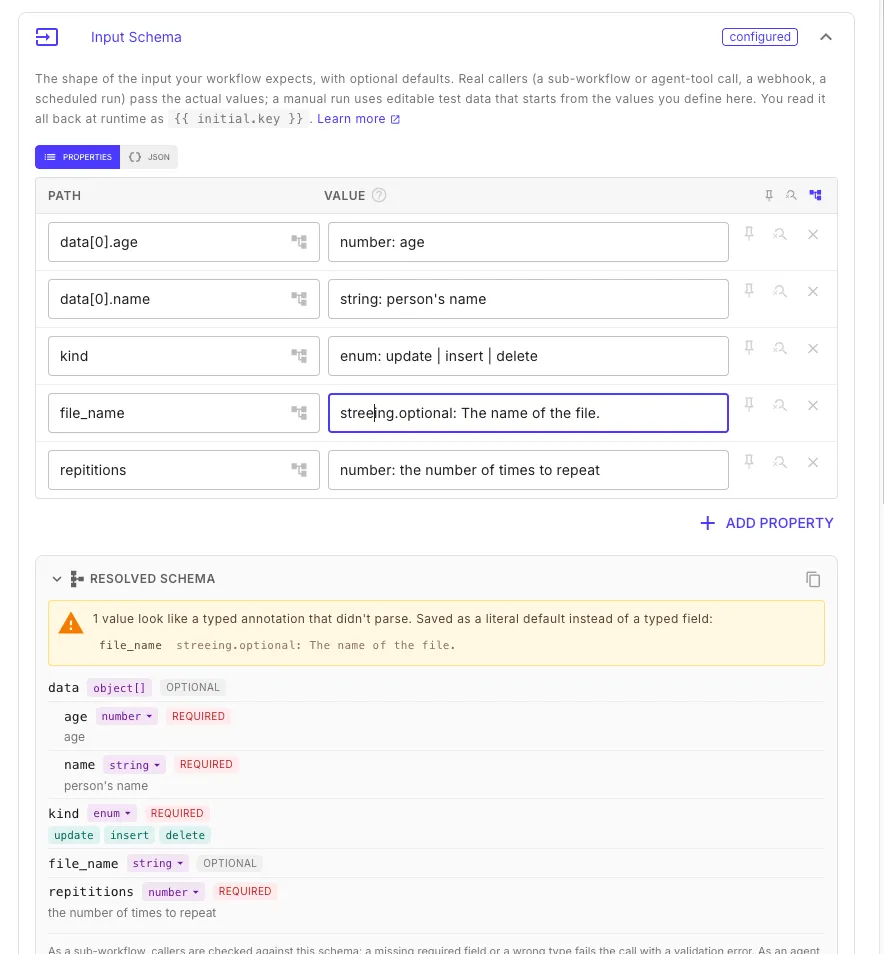 The Resolved Schema panel flagging a typo: a value that looks like a typed annotation but didn't parse is called out with a warning, having been saved as a literal default instead of a typed field.