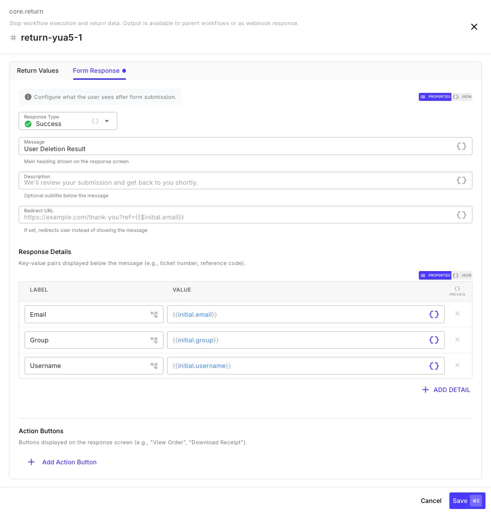 Return step configured with form response fields including message and type