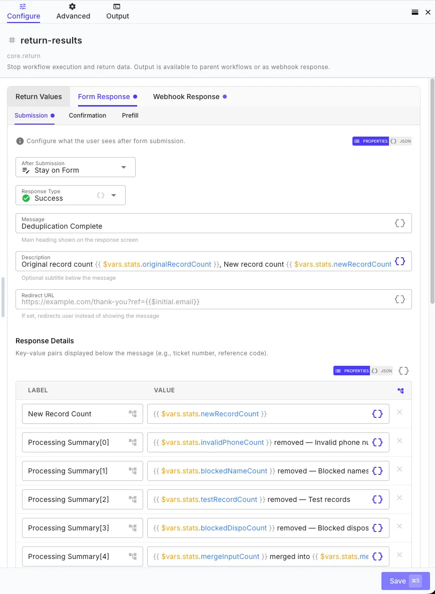 Return step configured with form response fields including message and type