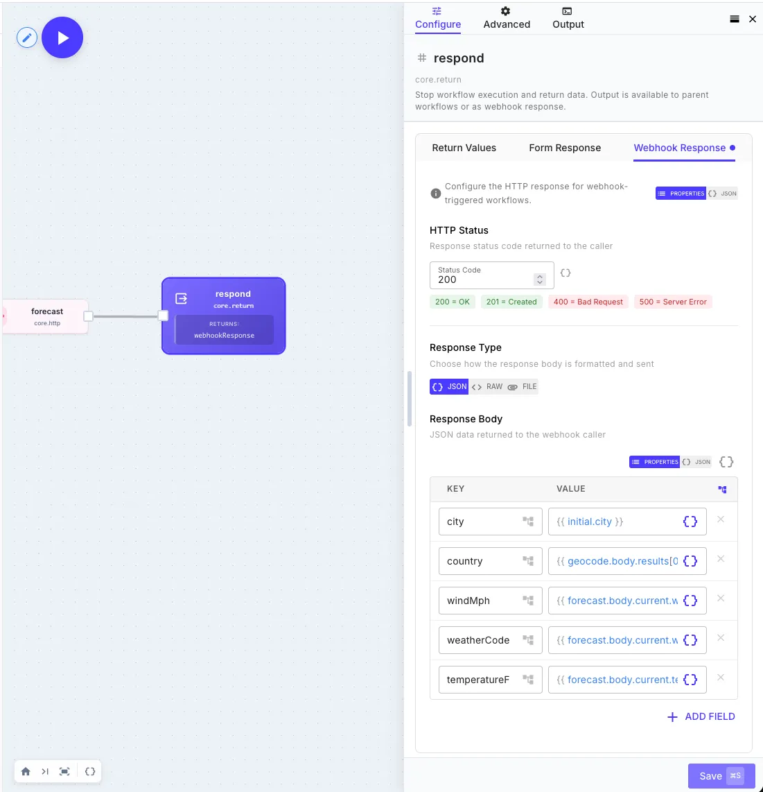 Return step Webhook Response tab configured with status 200 and a JSON body composed of templated fields from earlier steps