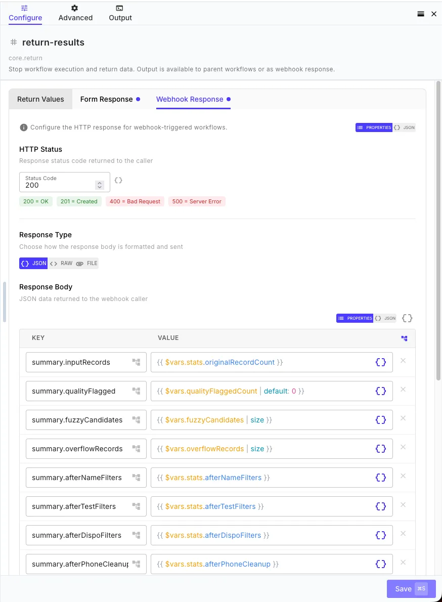 Return step configured with webhook response fields including status code and body
