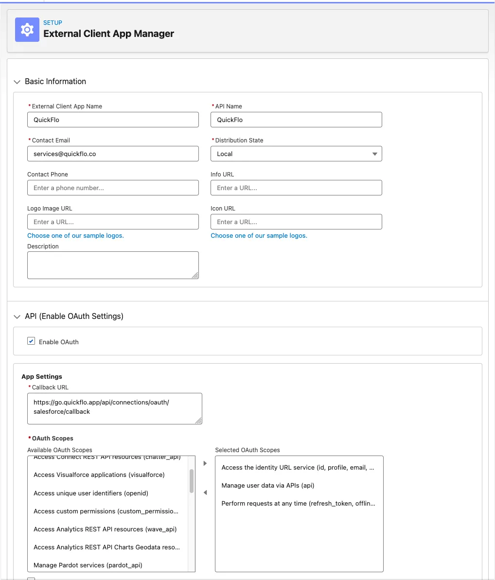 Salesforce External Client App Manager showing Basic Information fields and OAuth settings with callback URL and selected scopes