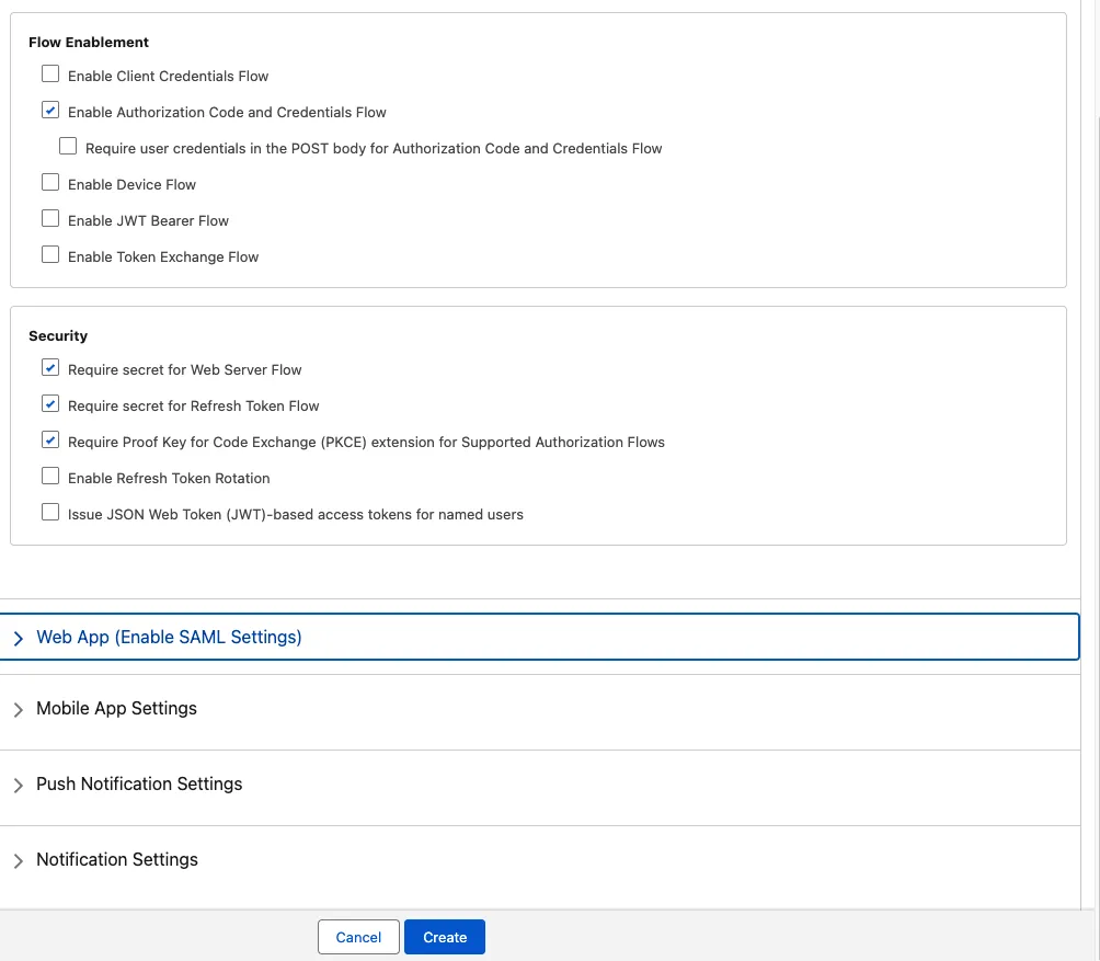 Salesforce External Client App flow enablement with Authorization Code flow enabled and security settings with PKCE checked