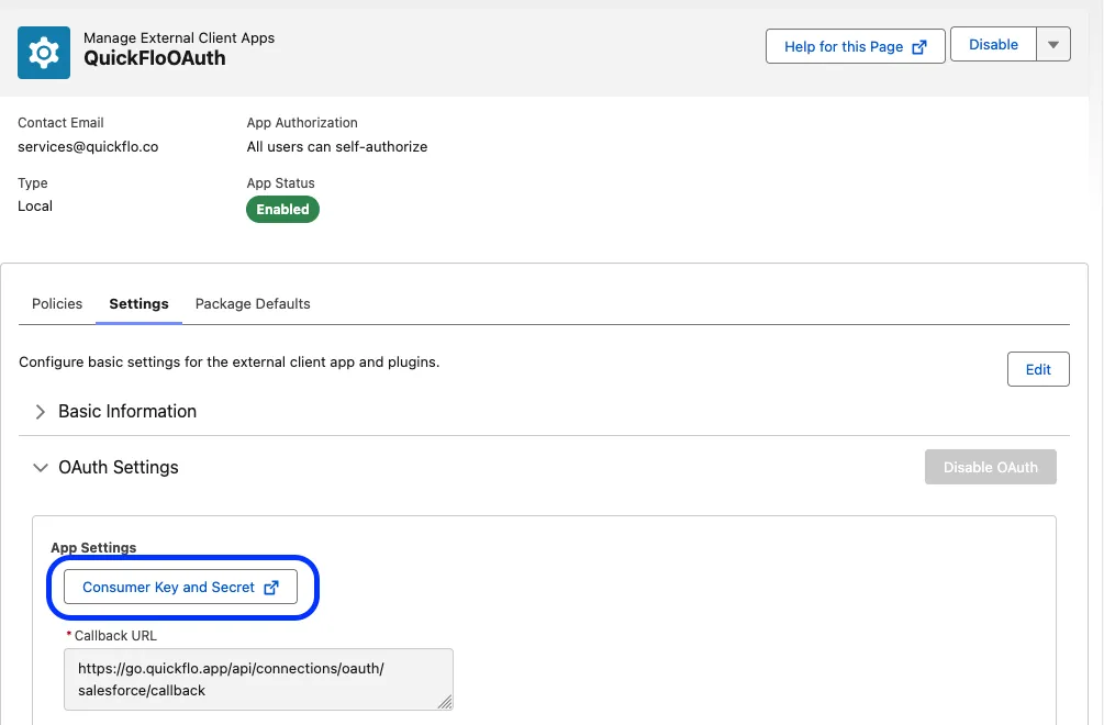 Salesforce connection retrieval of consumer key and consumer secret