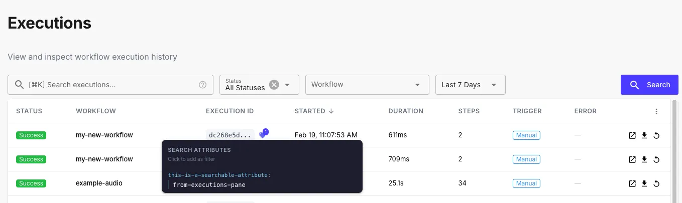 Executions table showing searchable attributes tooltip with key-value pair on hover