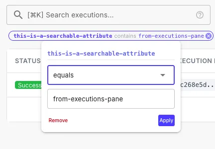 Searchable attribute filter chip expanded showing equals operator and value with Remove and Apply buttons