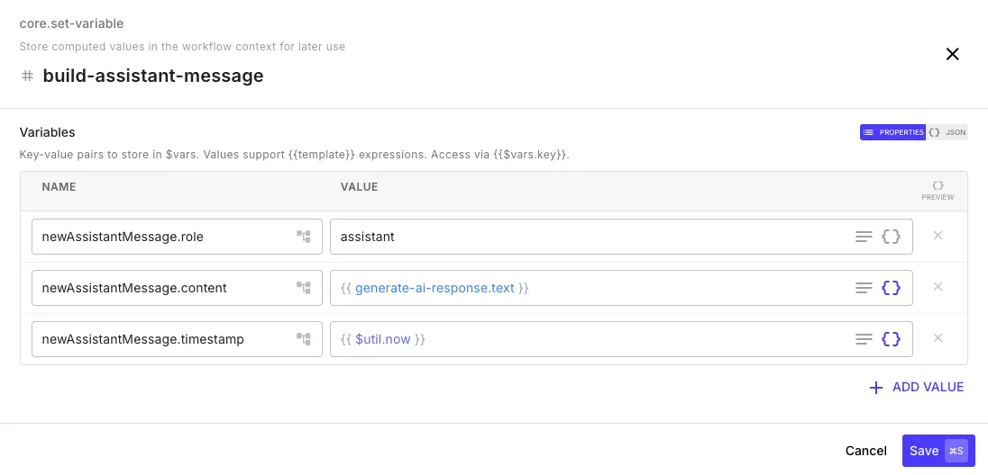 Set variable step editor with key-value pairs