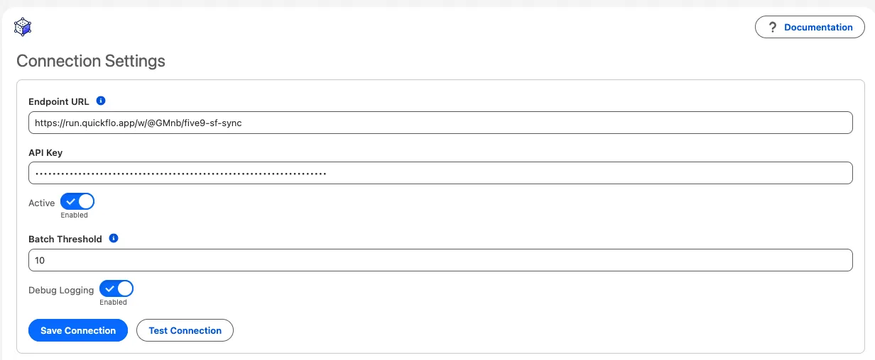 QuickFlo Setup tab showing the Connection Settings card with Endpoint URL, API Key, Active toggle, Batch Threshold, and Debug Logging fields