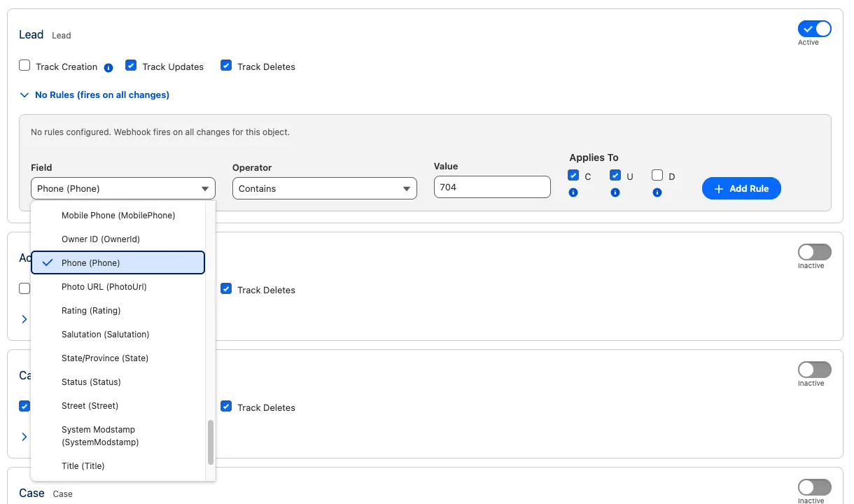 Expanded trigger rules panel showing a configured rule in the table and the Add Rule form with Field, Operator, Value, and Applies To (C, U, D) checkboxes