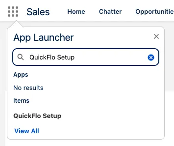 Salesforce App Launcher search with 'QuickFlo Setup' typed in, showing the QuickFlo Setup tab result