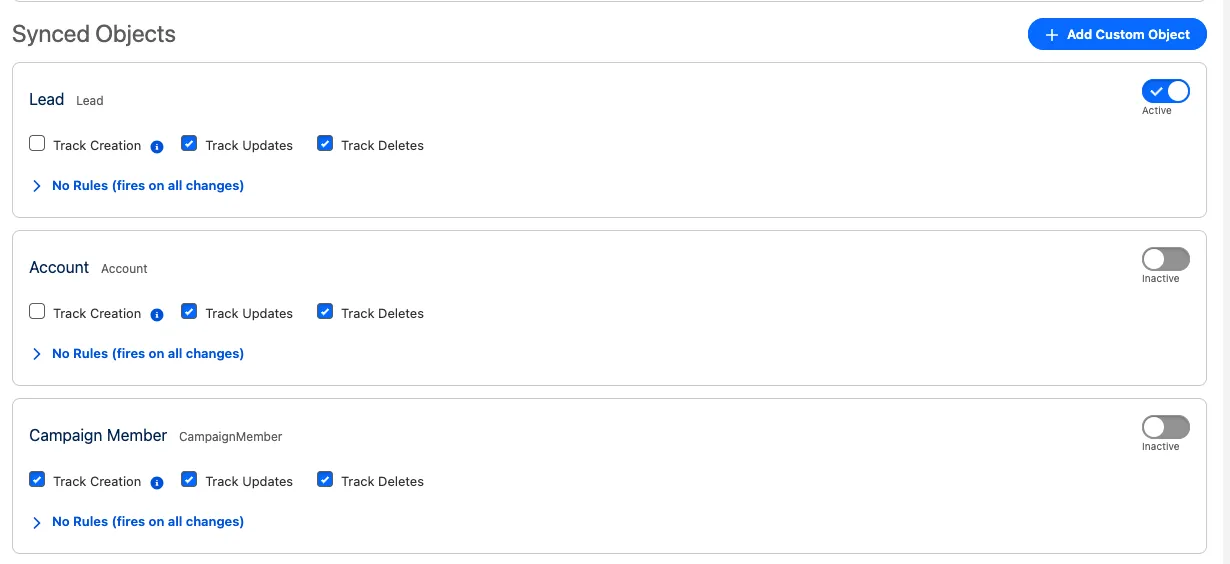 Synced Objects section showing an expanded object row with Track Creation, Track Updates, and Track Deletes checkboxes and an Active toggle