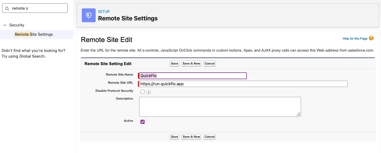 Salesforce Remote Site Settings edit page showing the QuickFlo entry with URL https://run.quickflo.app and Active checked