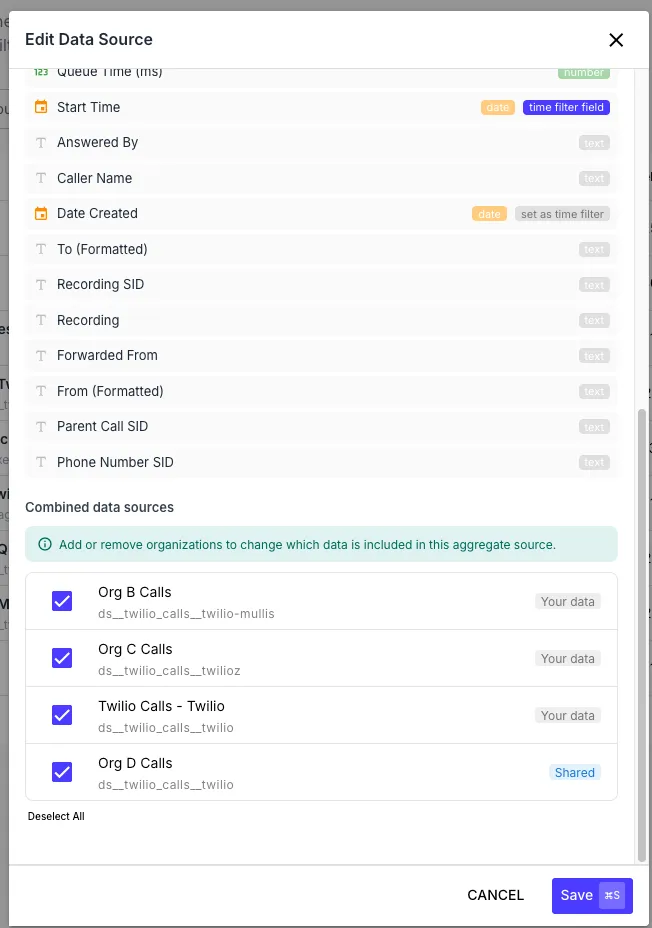 Data source picker dropdown showing a shared table with a Shared badge next to its name