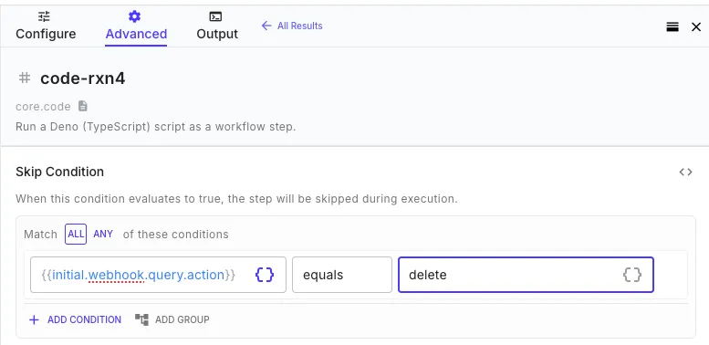Skip Condition section with a condition builder configured to skip the step when a previous step's success is false