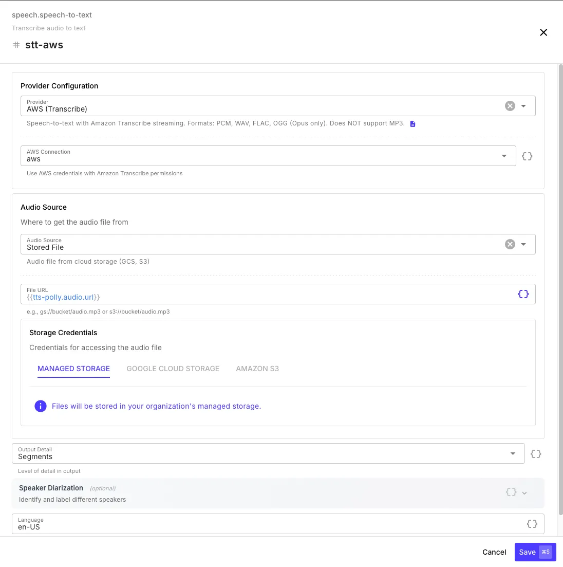 Speech-to-text step editor showing AWS provider with output detail and diarization options
