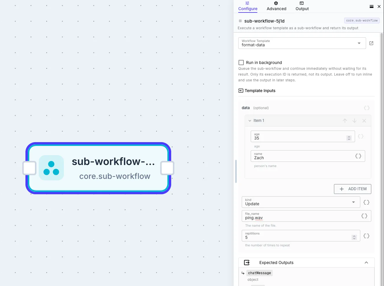 A Sub-Workflow step rendering an input form generated from a called workflow's Initial Input Schema — each field, its type, and whether it is required come straight from the contract.