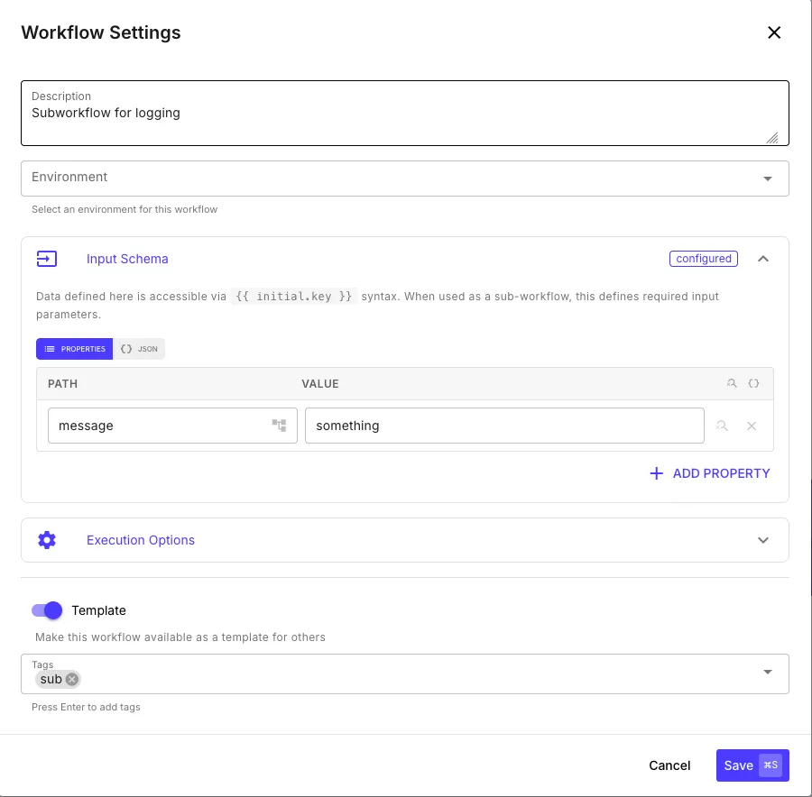Workflow Settings with Template toggle enabled, Input Schema defining a message parameter, and a sub tag