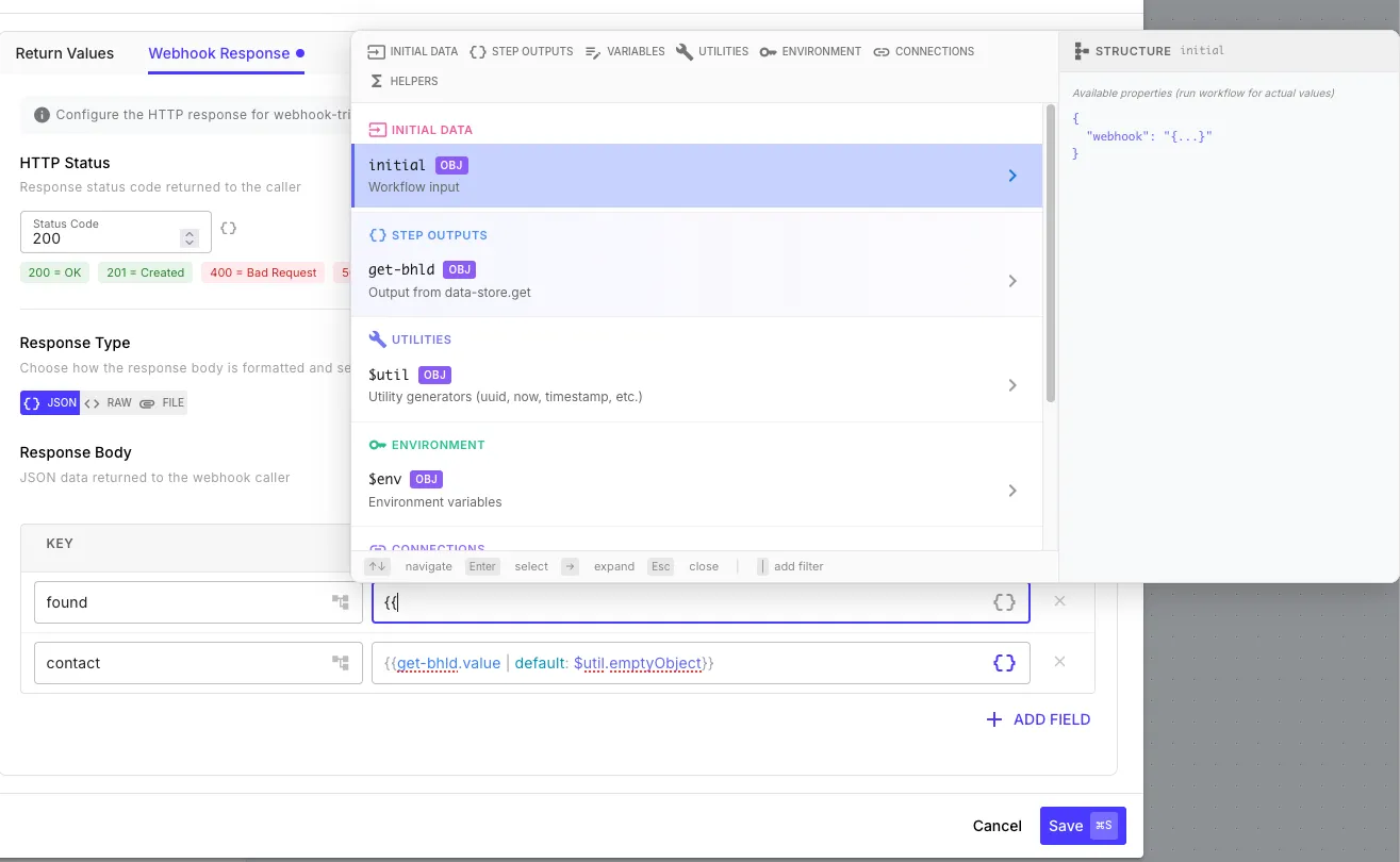 Template autocomplete showing available variables and step outputs