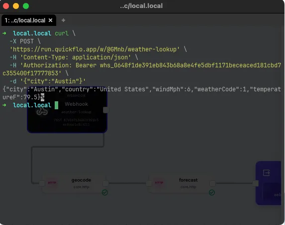 Terminal showing a curl request to the webhook URL with a city parameter and the JSON response with weather data