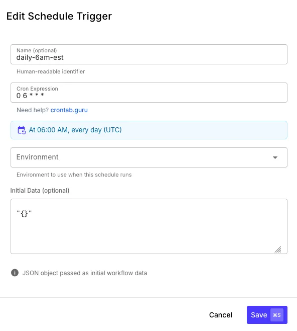 Schedule trigger configuration showing cron expression, human-readable summary, environment selection, and initial data