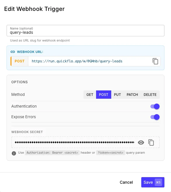 Webhook trigger configuration showing the endpoint URL, HTTP method selector, authentication toggle, and webhook secret