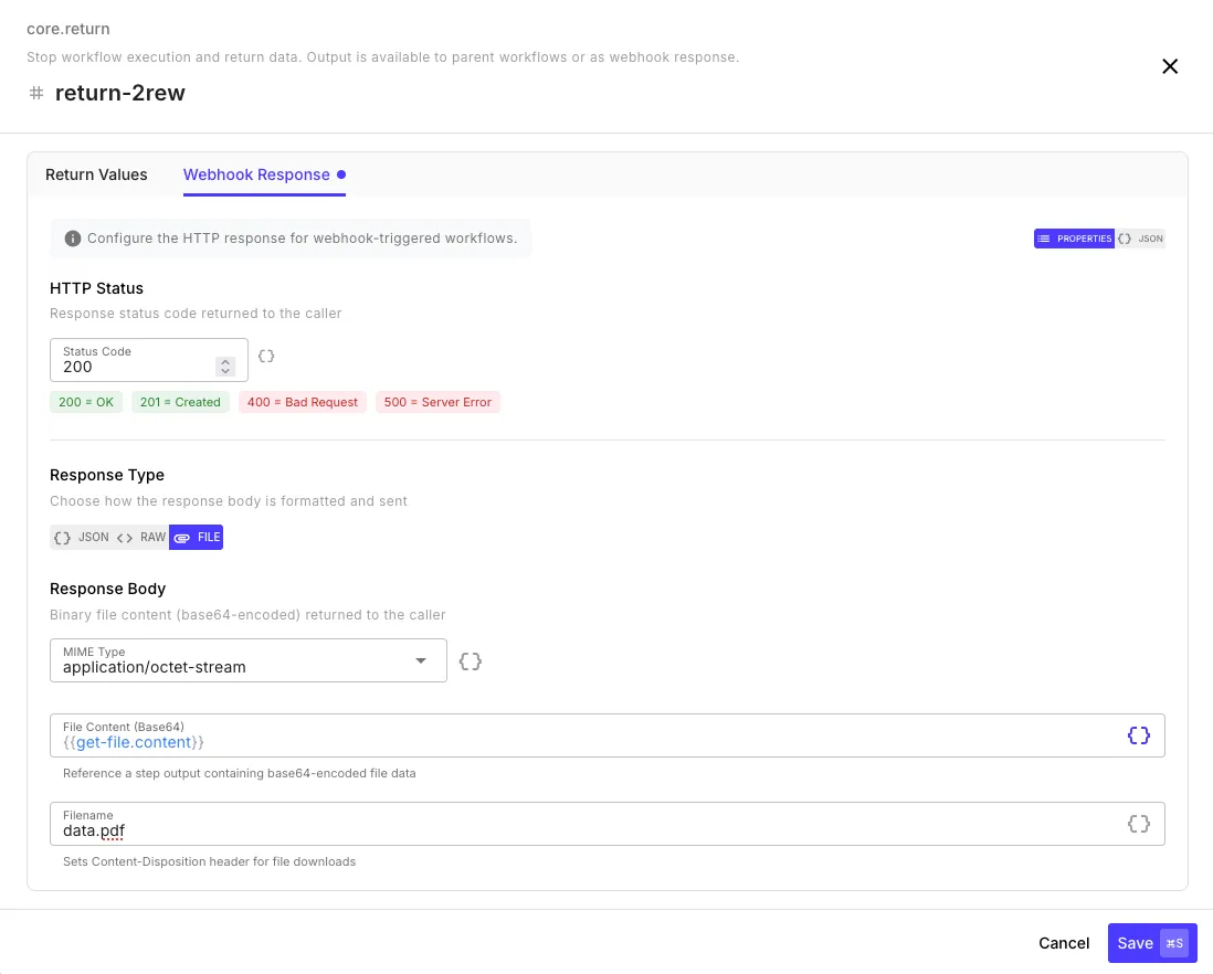 Return step Webhook Response tab configured with File response type showing MIME type, base64 file content, and filename fields