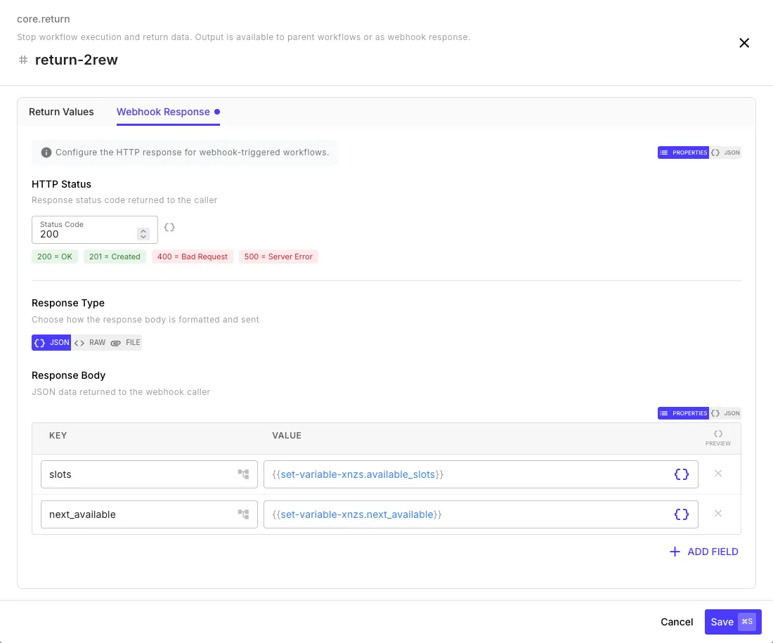 Return step Webhook Response tab configured with JSON response type showing key-value pairs for slots and next_available fields