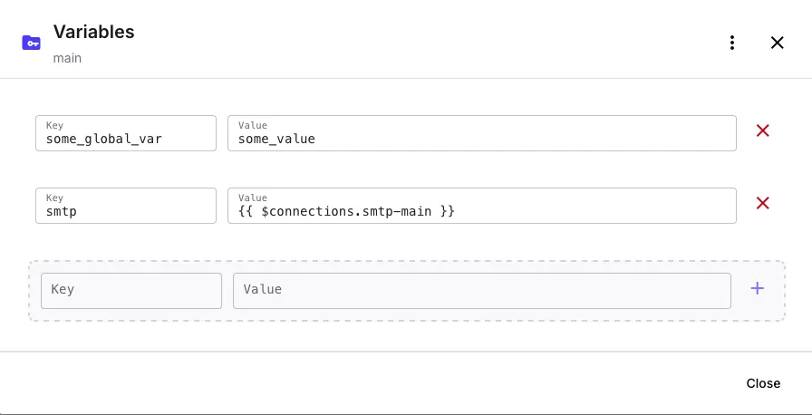 Environment variables dialog with key-value pairs and import option