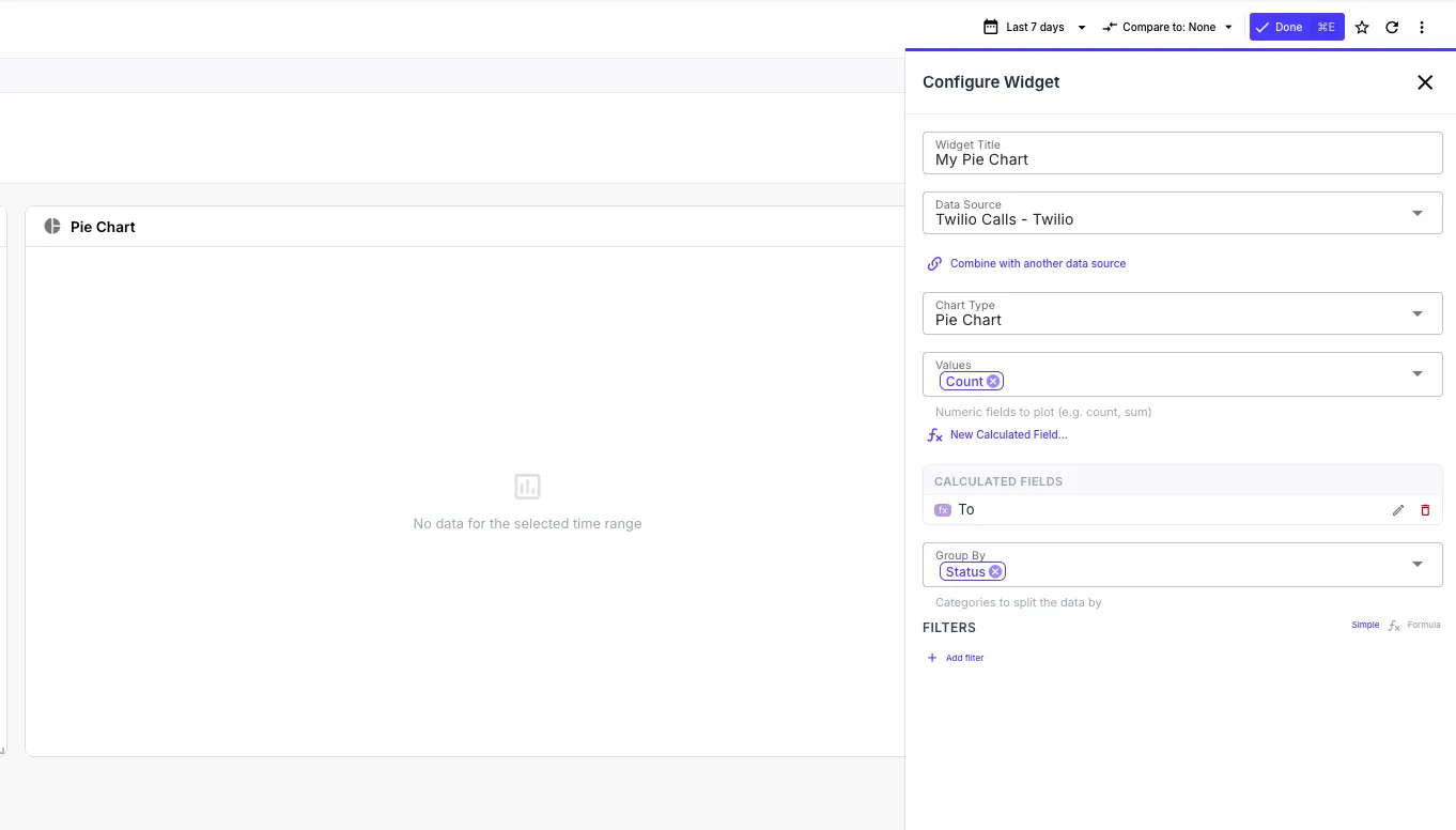 Widget configuration panel with chart type, data source, measures, dimensions, time dimension, and filters all set