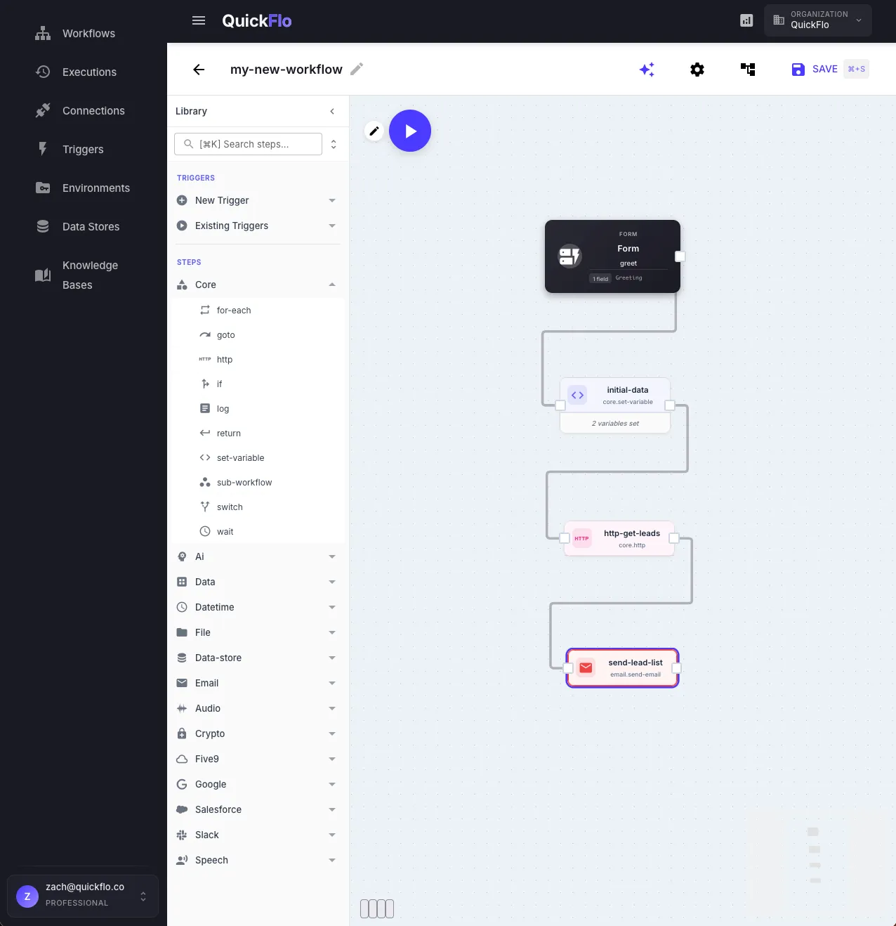 QuickFlo workflow builder interface showing a multi-step workflow