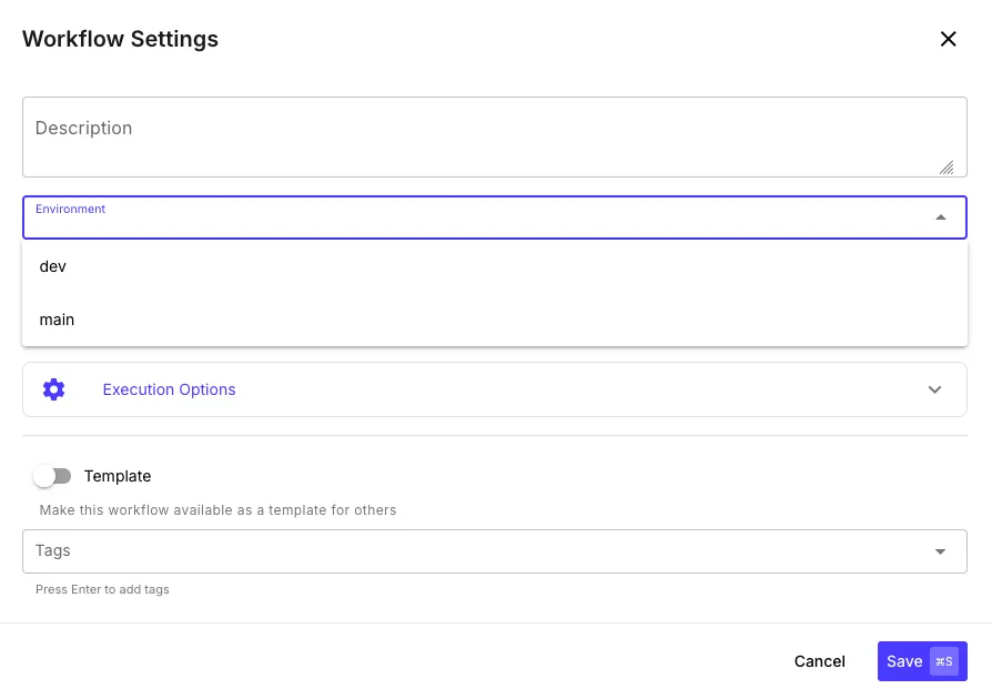 Workflow settings dialog with default environment dropdown